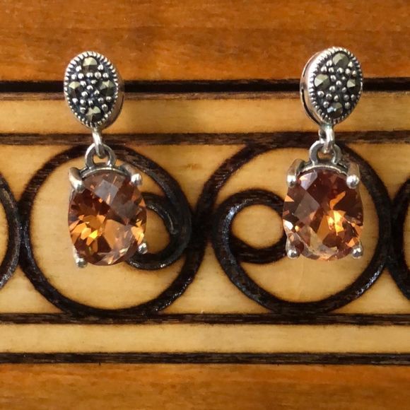 Stunning Faceted Golden Citrine Marcasite Sterling Silver Drop Earrings - Picture 6 of 11